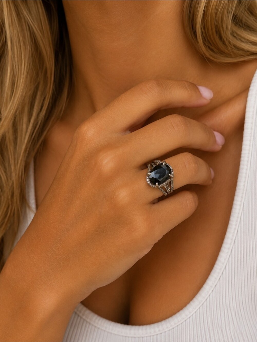 Oval Black Stone Halo Ring - Women Jewelry